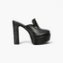 Beach Rose Co. black croc-embossed leatherette platform mules with a high block heel and closed almond toe.