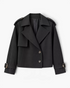 Beach Rose Co. black cropped double-breasted trench jacket with wide lapels, shoulder tabs, and buckled cuffs.