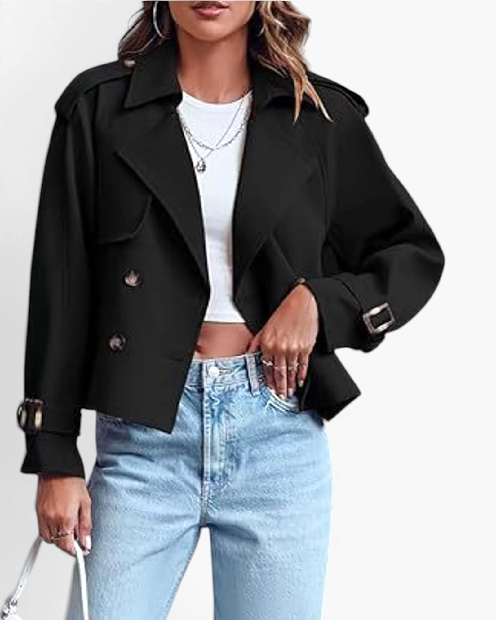 Beach Rose Co. black cropped double-breasted trench jacket with wide lapels, shoulder tabs, and buckled cuffs.