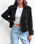 Beach Rose Co. black cropped double-breasted trench jacket with wide lapels, shoulder tabs, and buckled cuffs.