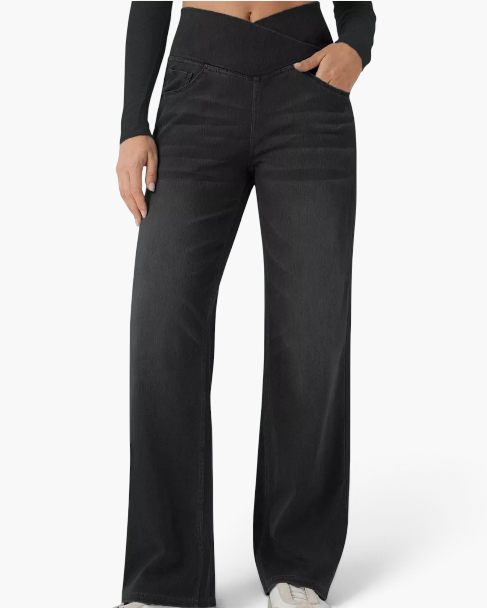 Beach Rose Co. black wide-leg jeans featuring a high-rise crossover waistband in a stretchy cotton blend denim.