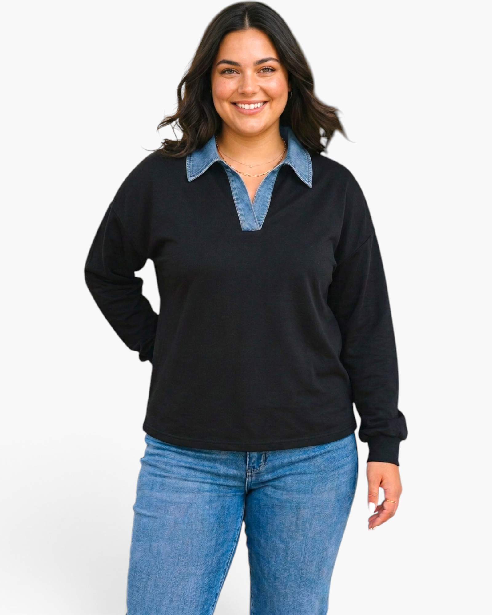 Beach Rose Co. plus-size black pullover with a denim-look pointed collar and open V-neckline worn by a smiling model.