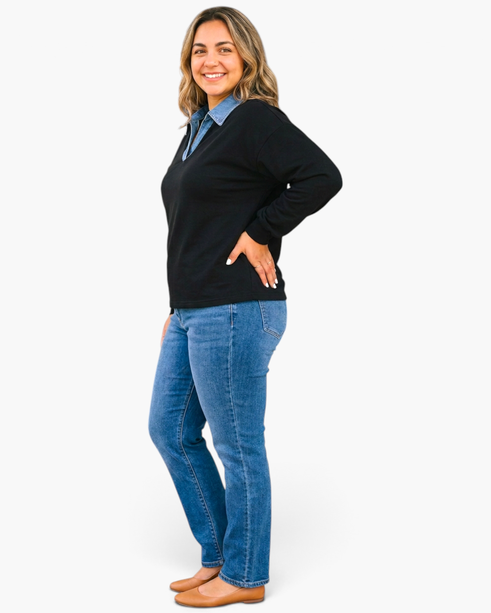 Beach Rose Co. plus size black pullover with a denim collar and open neckline worn by a smiling woman in jeans
