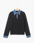 Beach Rose Co. black knit sweater featuring a denim shirt collar and cuffs with gold metal buttons.