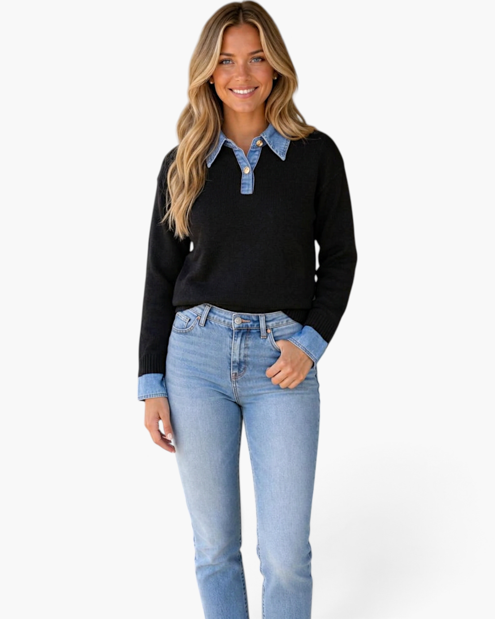 Beach Rose Co. black knit sweater with denim collar and cuffs worn by a smiling blonde woman with light blue jeans.