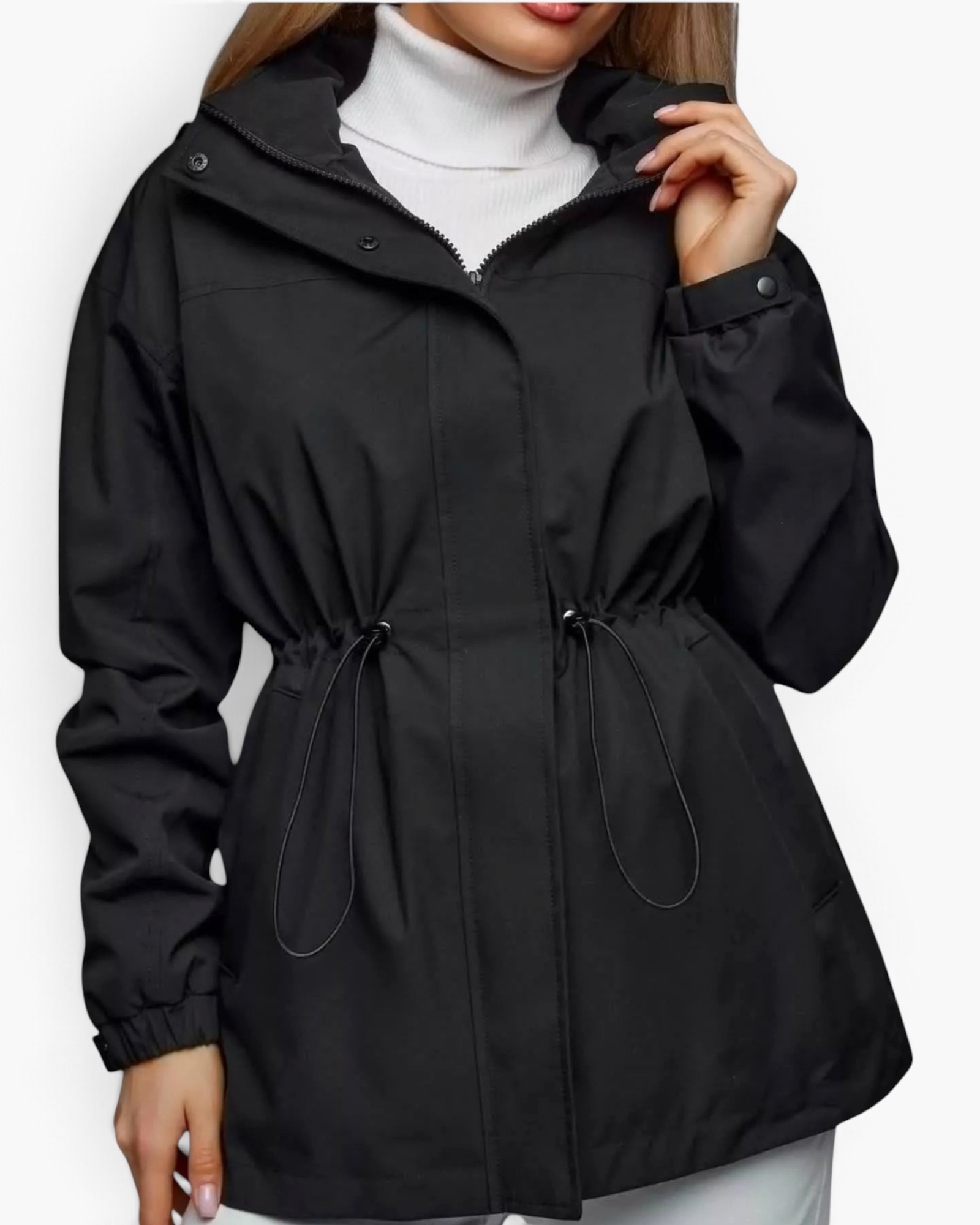 Beach Rose Co. black hooded jacket with a drawstring waist, zip-front closure, and snap placket.