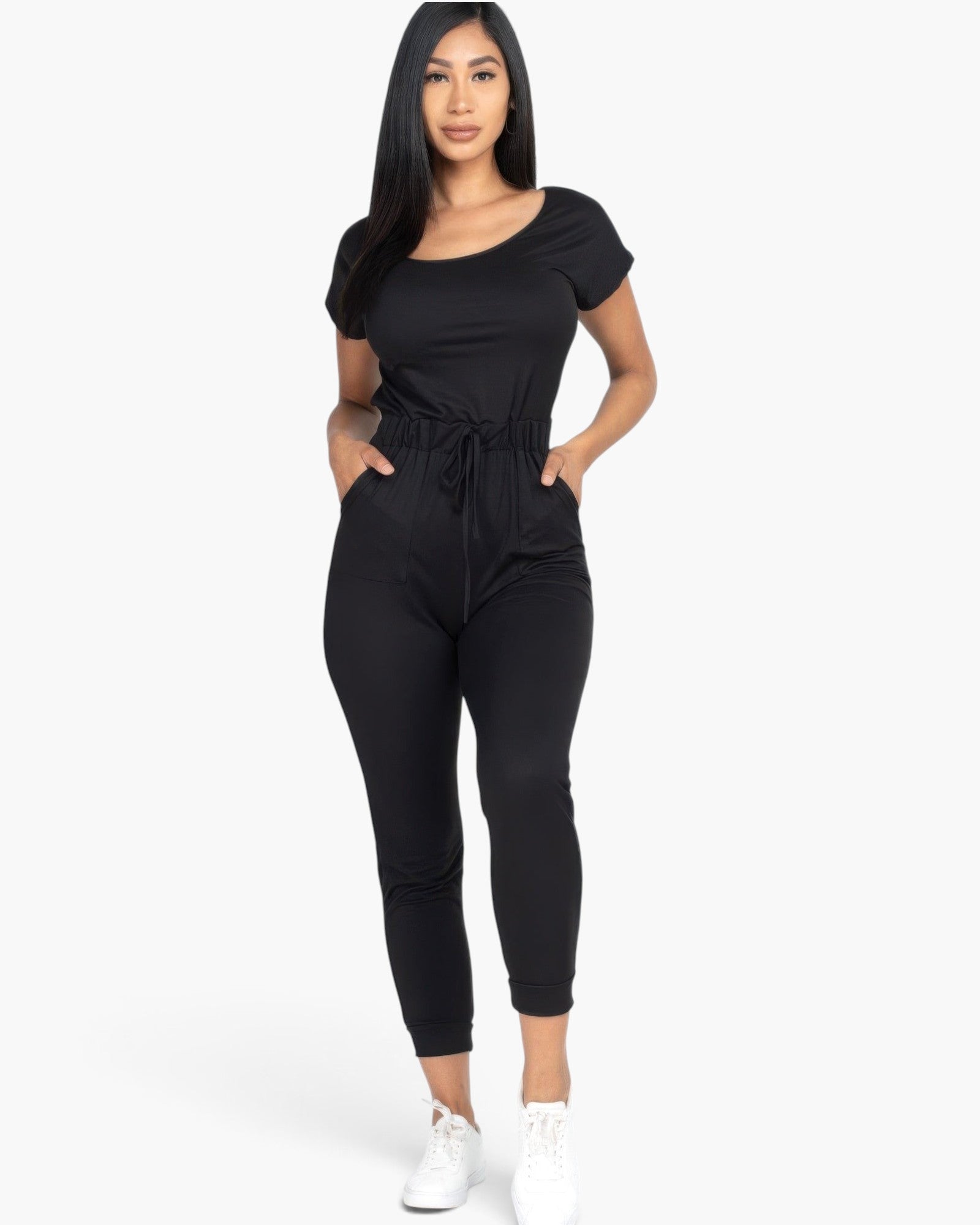 Beach Rose Co. black two-way shoulder drawstring jumpsuit in soft stretch jersey with a tapered leg and pockets