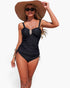 Beach Rose Co. black two-piece tankini set with adjustable drawstring top, padded cups, and wide-brim sun hat.