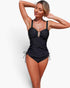 Beach Rose Co. black two-piece tankini set with padded top, adjustable side drawstrings, and supportive stretch fabric.