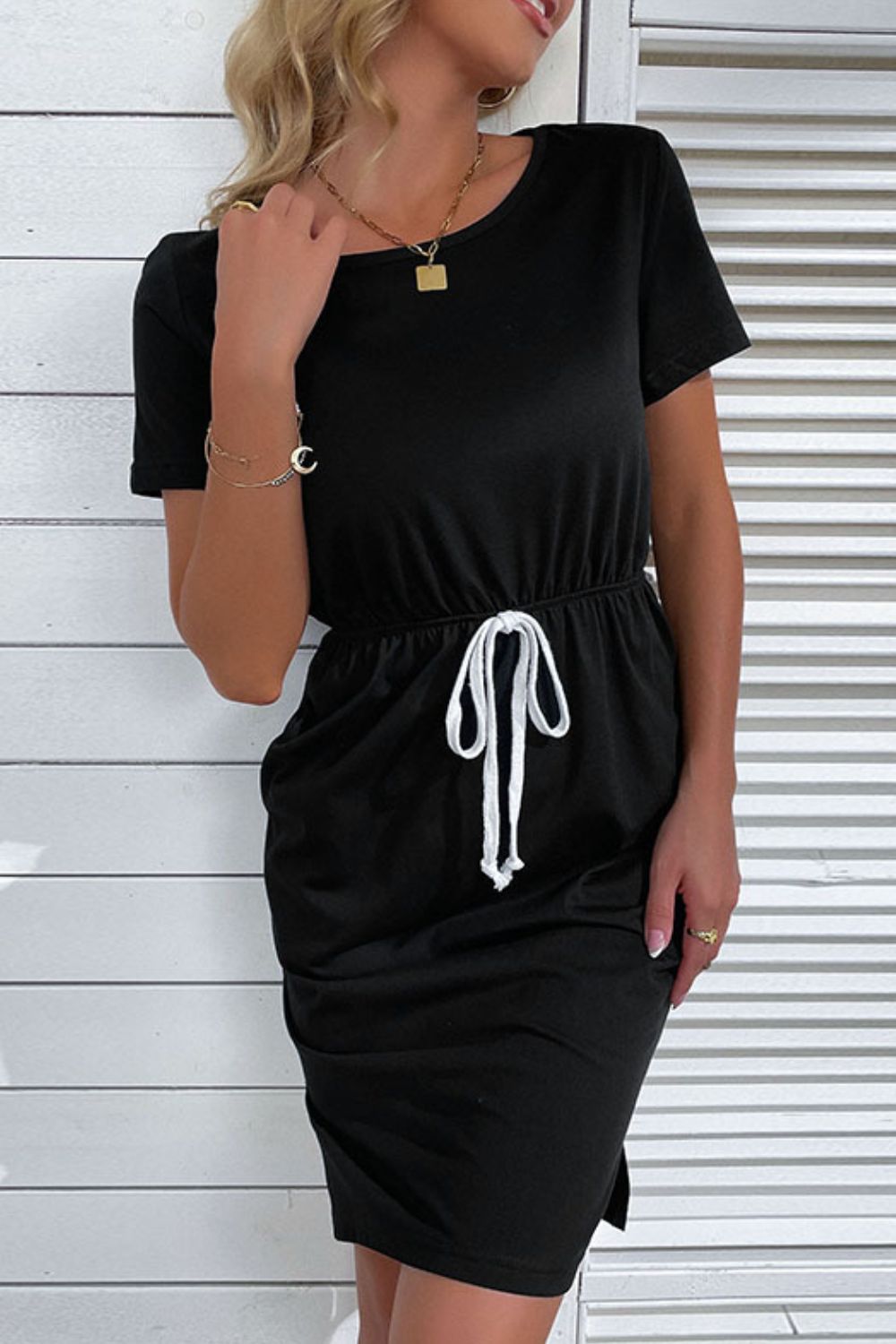 Beach Rose Co. - Black Drawstring Waist Mini Dress with Pockets