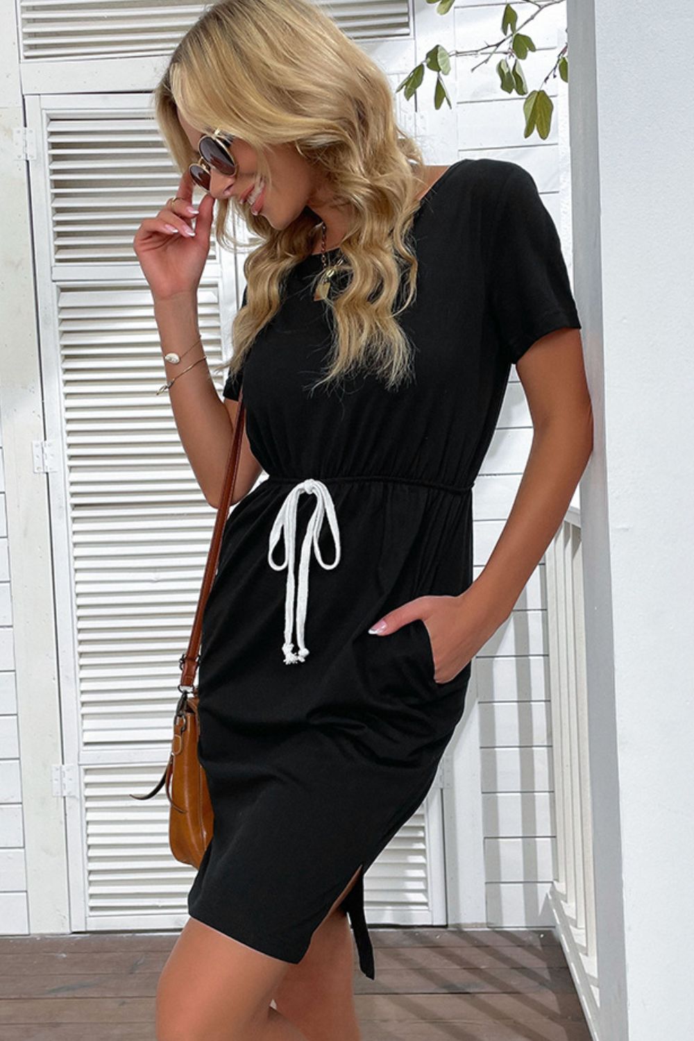 Beach Rose Co. - Black Drawstring Waist Mini Dress with Pockets