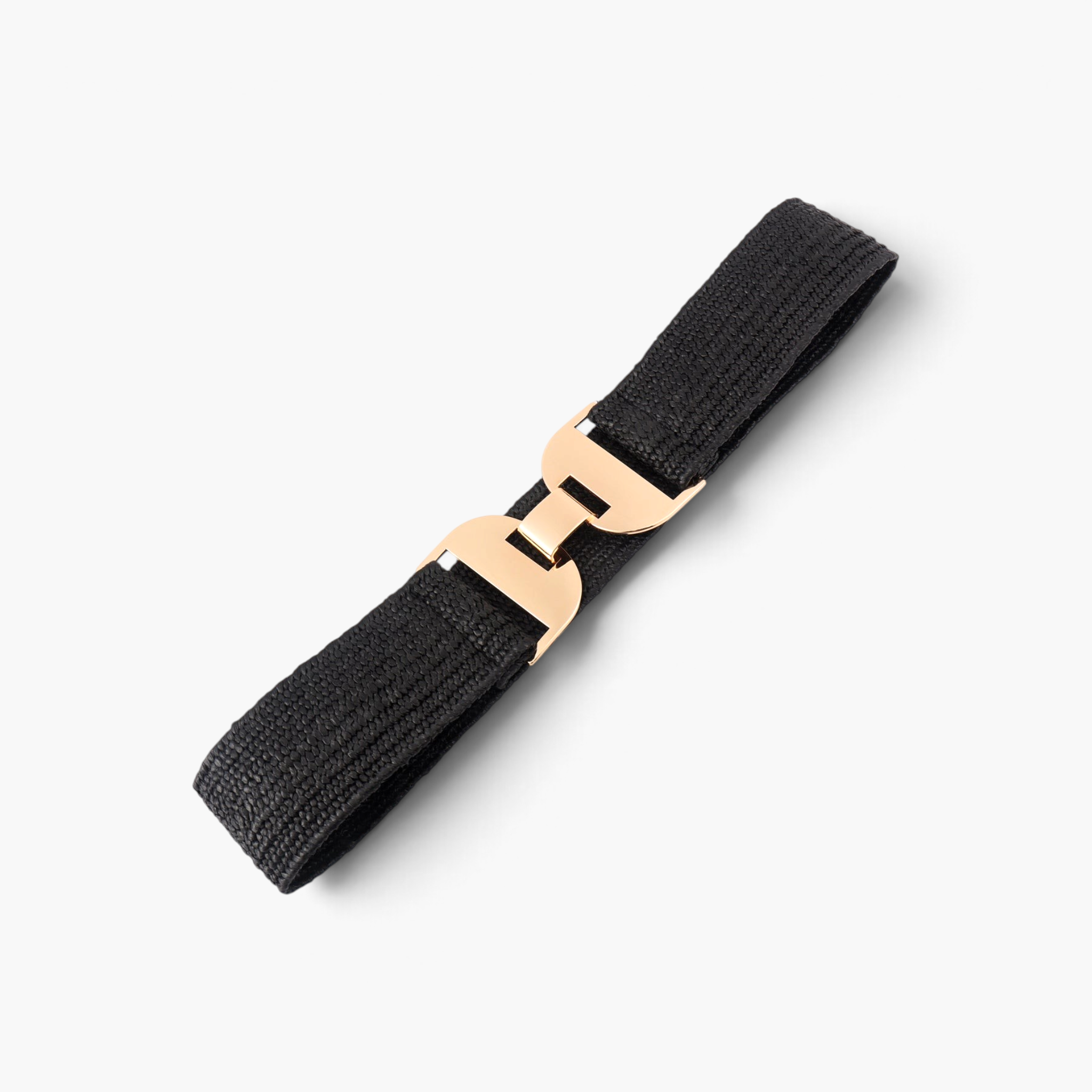 Beach Rose Co. black textured elastic waist belt featuring a polished gold-tone geometric buckle with hook clasp.