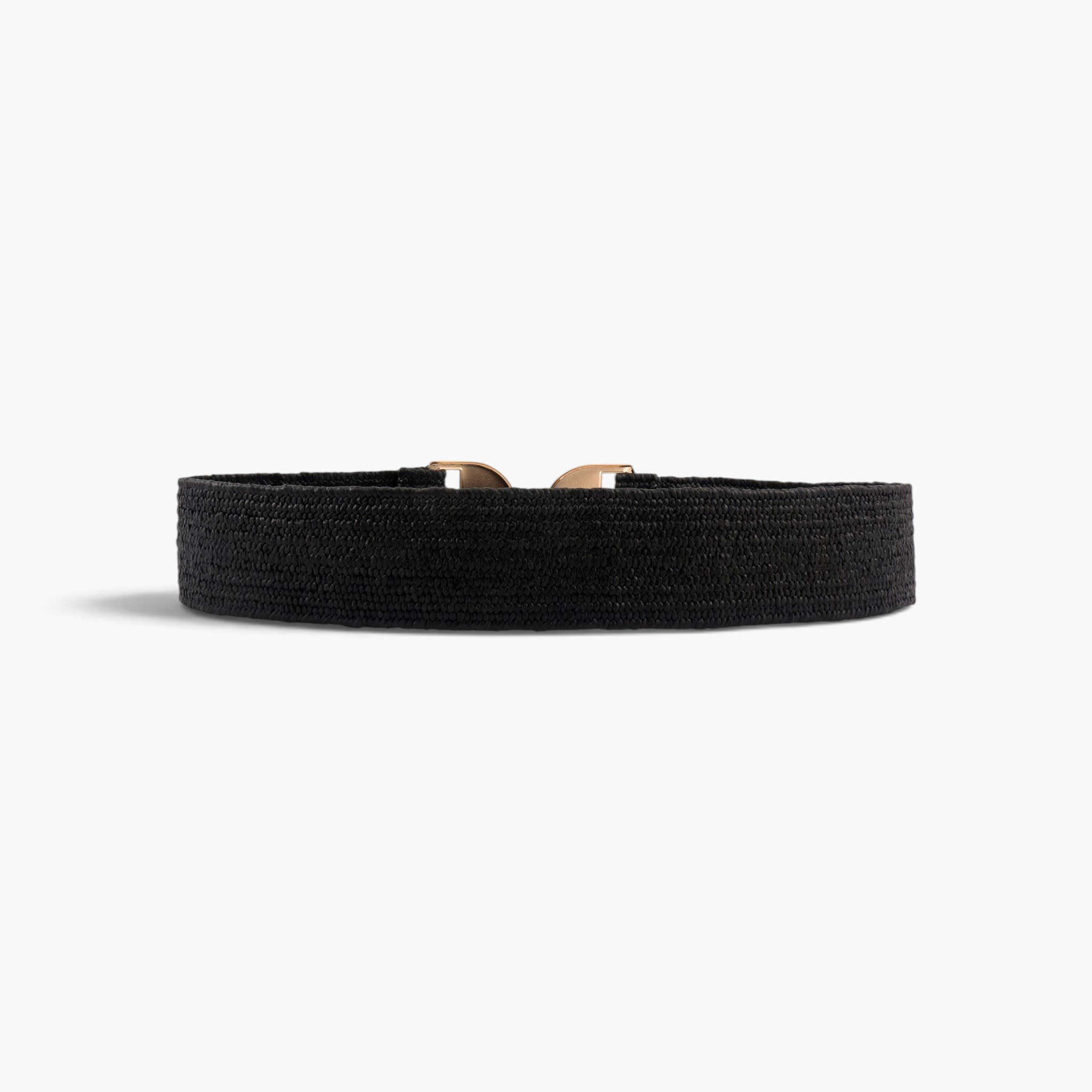 Beach Rose Co. black textured elastic waist belt featuring a polished gold-tone geometric buckle and hook clasp.