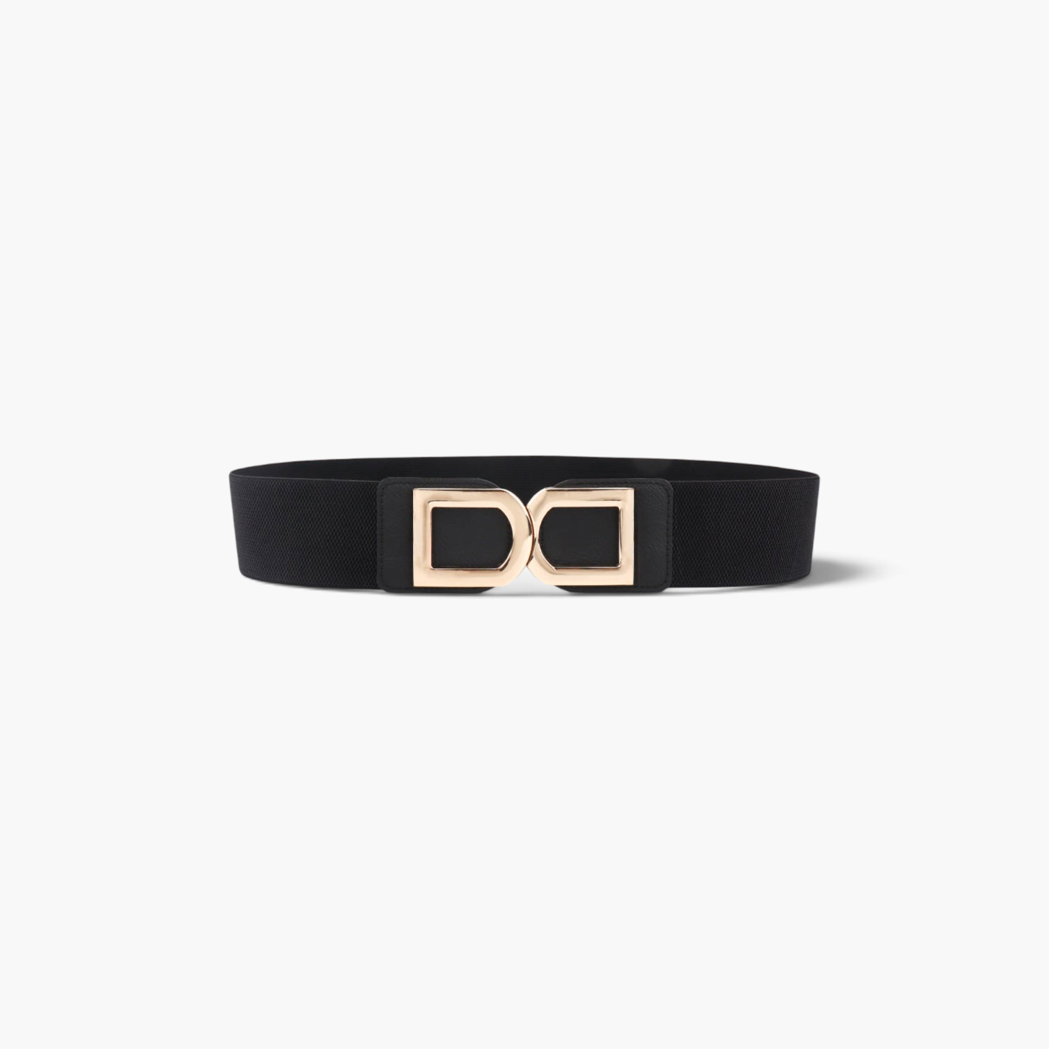 Beach Rose Co. wide black elastic waist belt with a polished gold-tone double-D alloy buckle and PU front tabs.