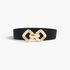 Beach Rose Co. black elastic waist belt featuring a gold geometric double diamond alloy buckle with ridged detail.