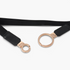 Beach Rose Co. black elastic waist belt with an asymmetric double-ring rose gold buckle and stitched PU leather tabs.