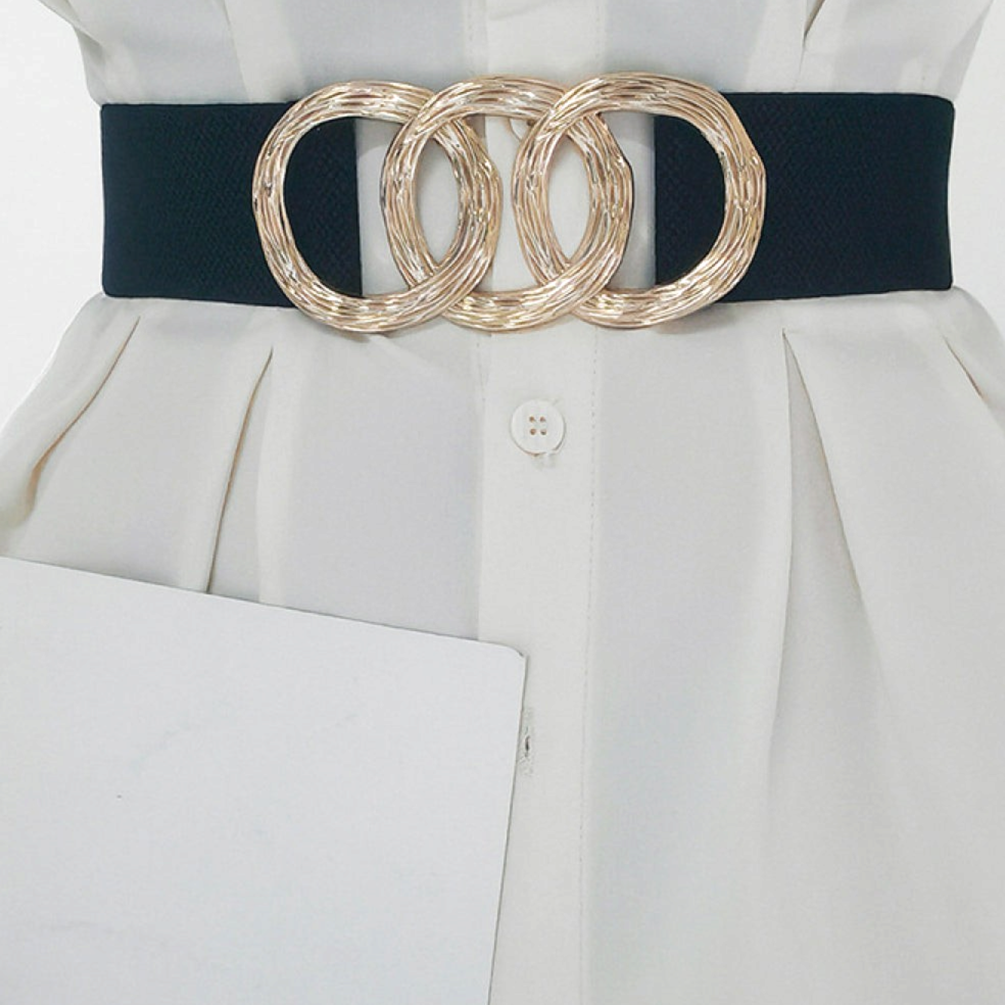 Beach Rose Co. black wide elastic belt featuring a gold-tone triple overlapping textured ring buckle.