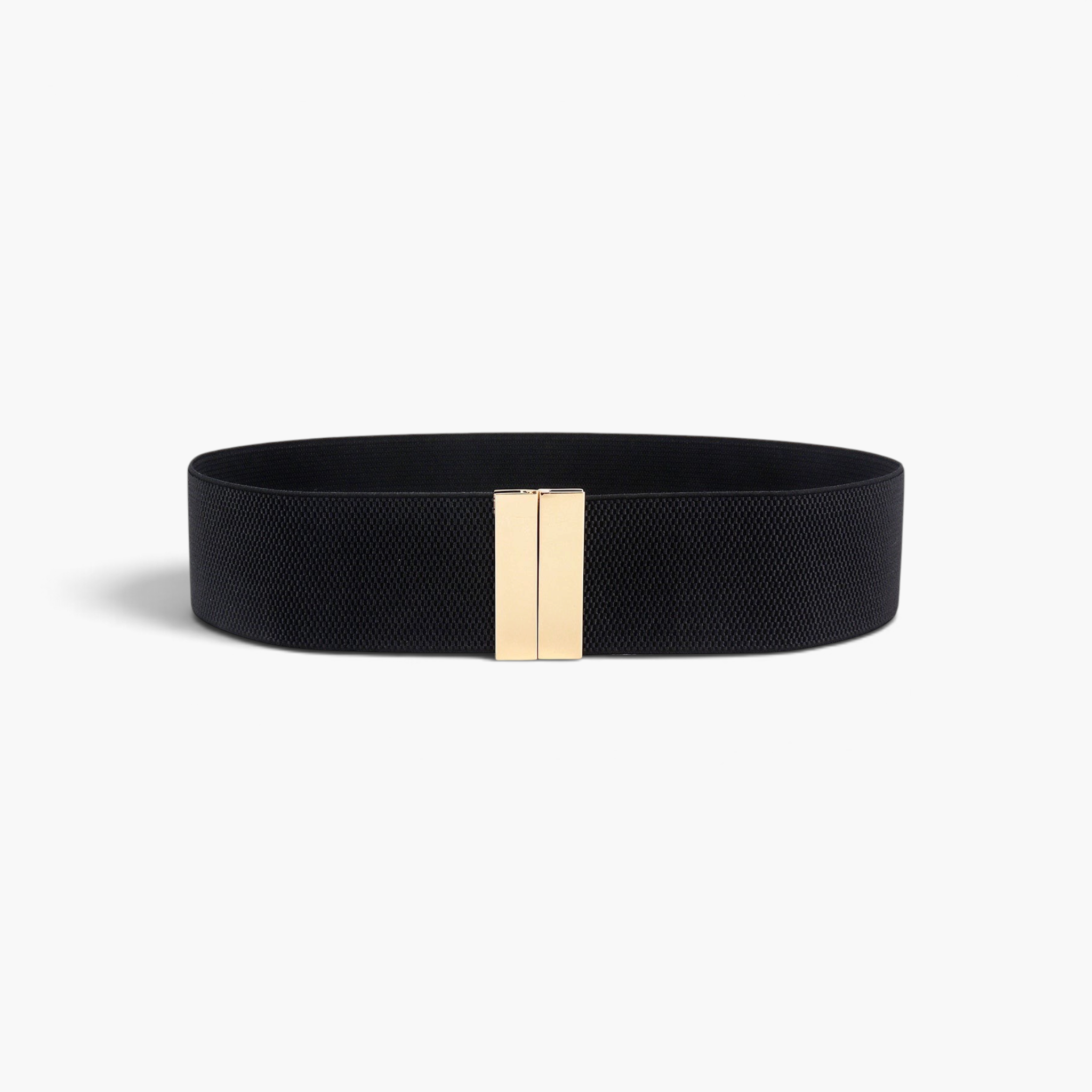 Beach Rose Co. wide black elastic waist belt with a sleek rectangular gold-tone alloy clasp
