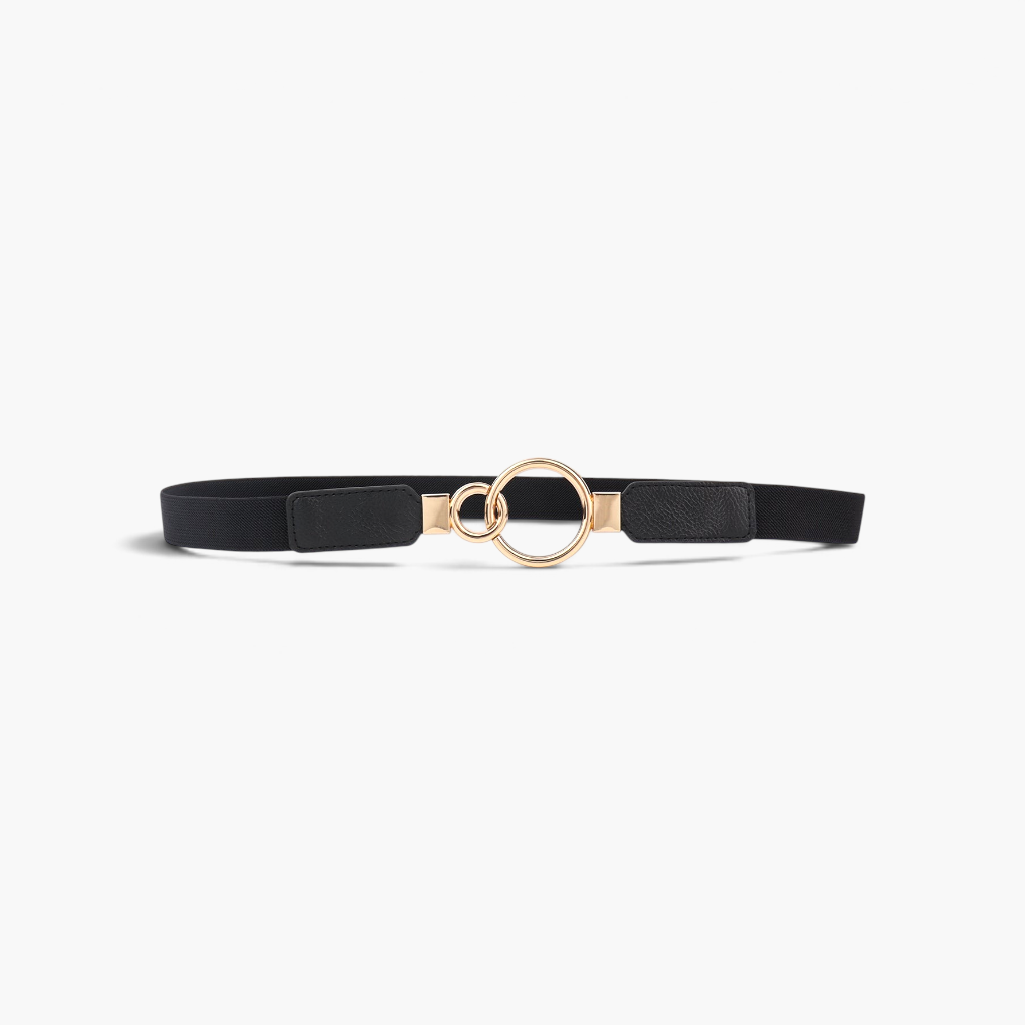 Beach Rose Co. slim black elastic waist belt featuring an asymmetric gold-tone double-ring buckle and PU tabs.