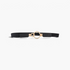 Beach Rose Co. slim black elastic waist belt featuring an asymmetric gold-tone double-ring buckle and PU tabs.