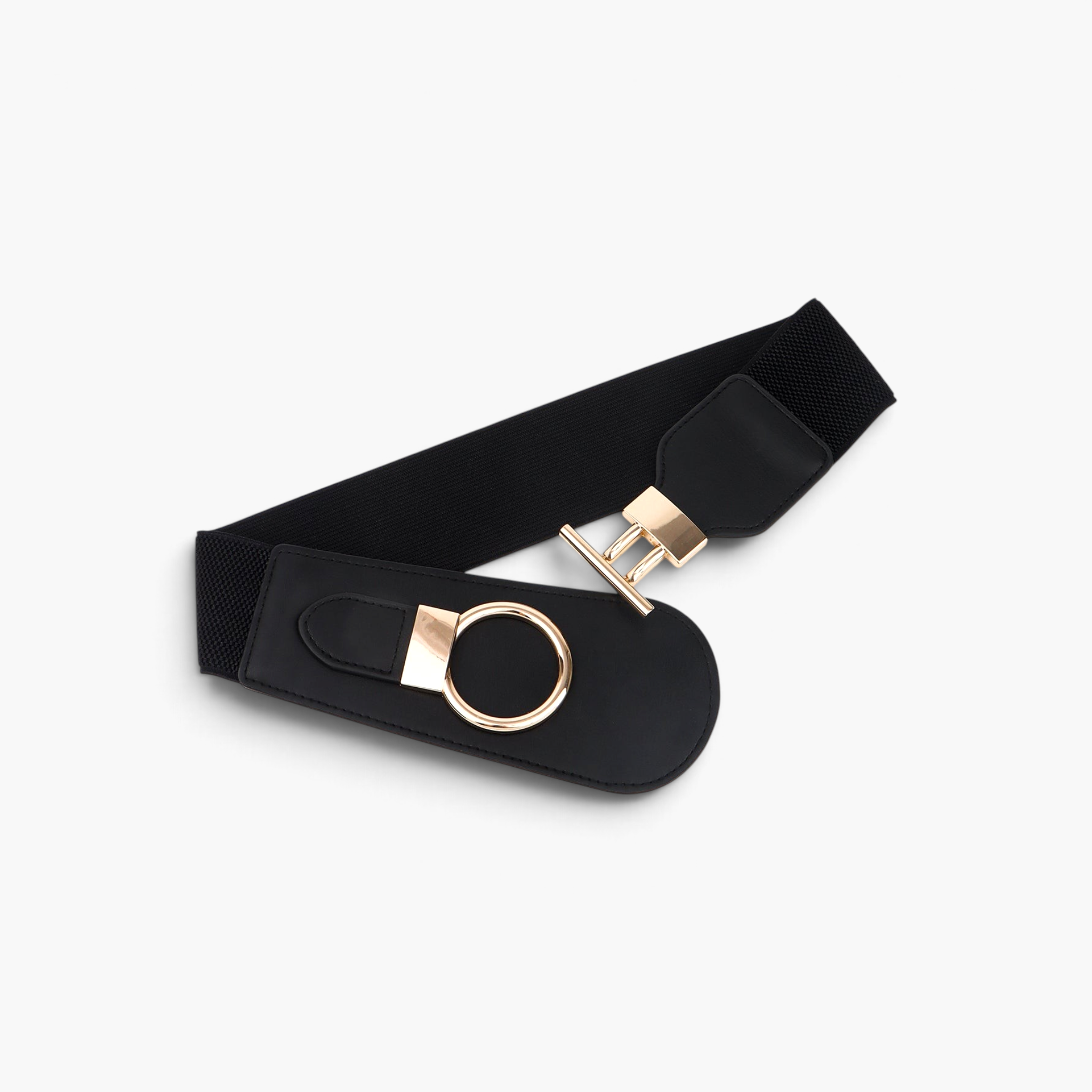 Beach Rose Co. black wide elastic waist belt featuring a contoured PU front and an oversized gold ring-and-bar buckle.