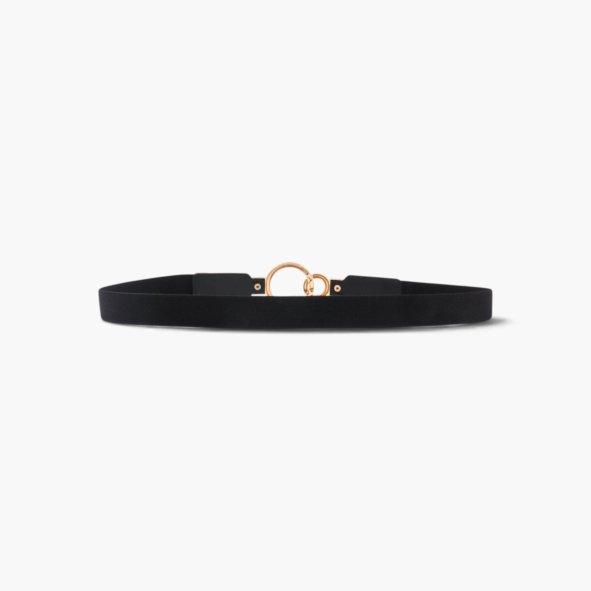 Beach Rose Co. slim black elastic waist belt featuring an asymmetric gold double-ring buckle and stitched PU tabs.