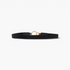 Beach Rose Co. slim black elastic waist belt featuring an asymmetric gold double-ring buckle and stitched PU tabs.