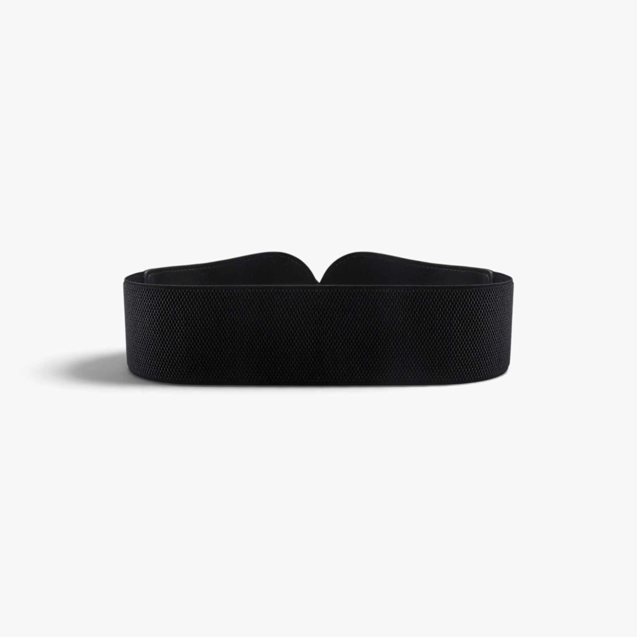 Beach Rose Co. wide black elastic waist belt with contoured PU front panels and stitched edges.