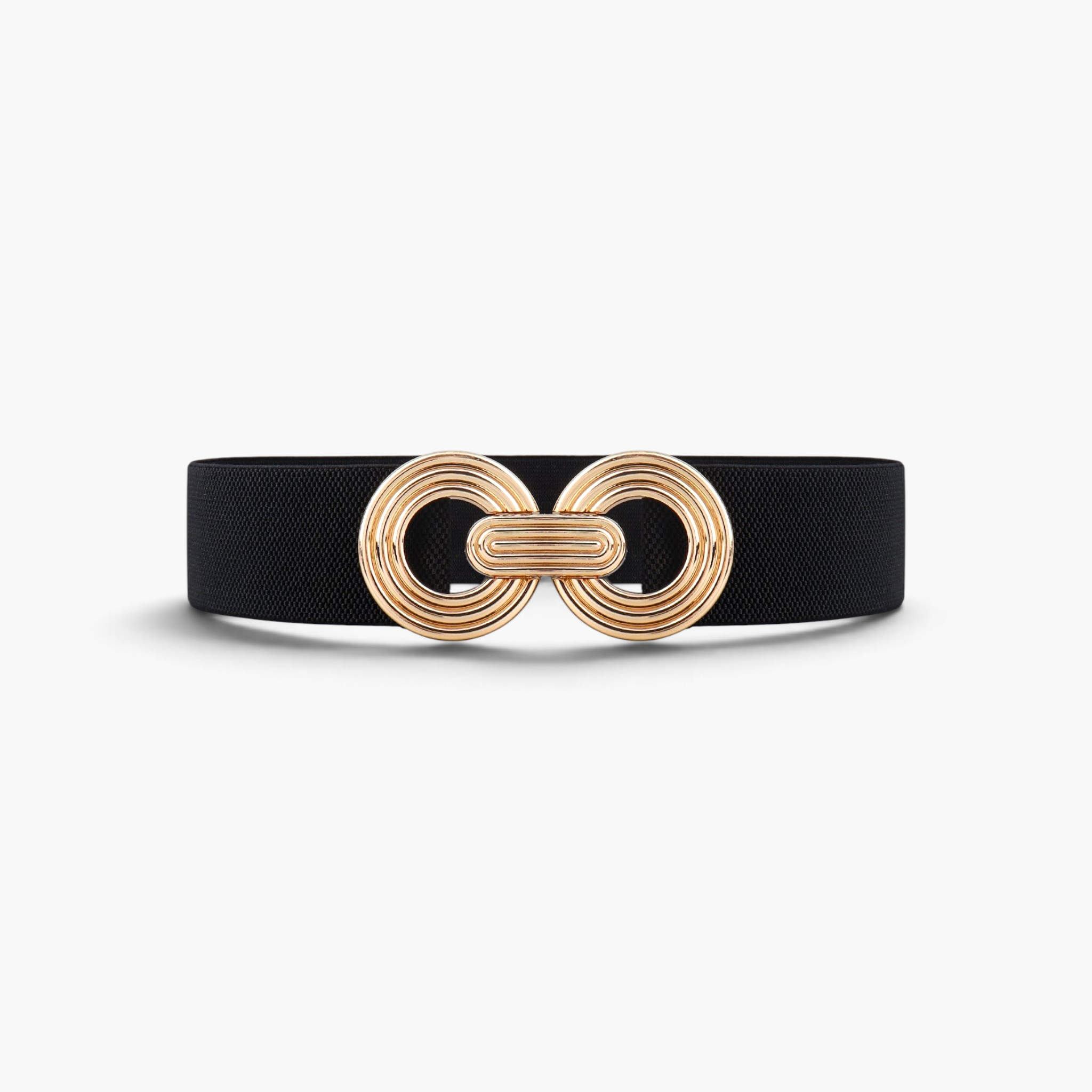 Beach Rose Co. wide black elastic waist belt with a gold-tone double-circle alloy buckle and ridged detailing.