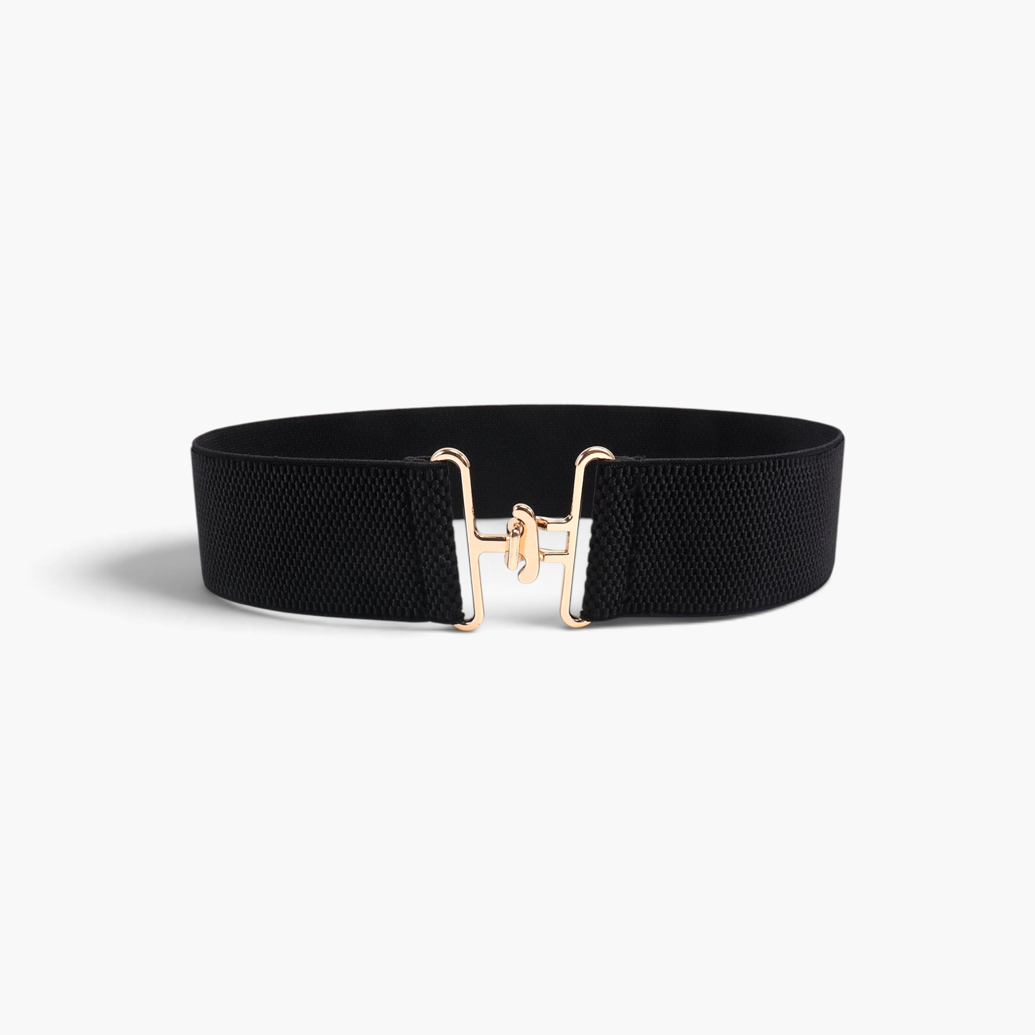 Beach Rose Co. wide black elastic waist belt with a gold-tone interlocking hook buckle and textured band.