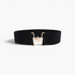 Beach Rose Co. wide black elastic waist belt with a gold-tone interlocking hook buckle and textured band.