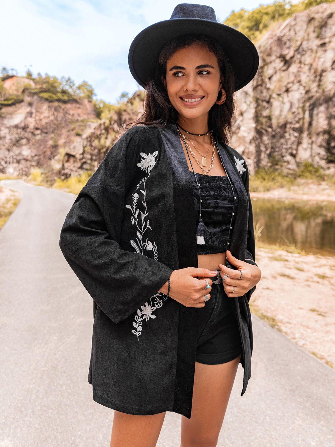 Beach Rose Co. - Black Embroidered Long Sleeve Kimono