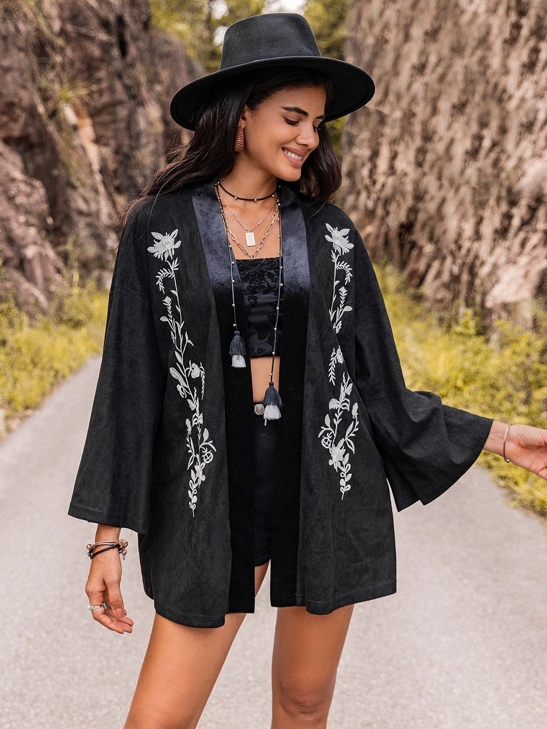 Beach Rose Co. - Black Embroidered Long Sleeve Kimono