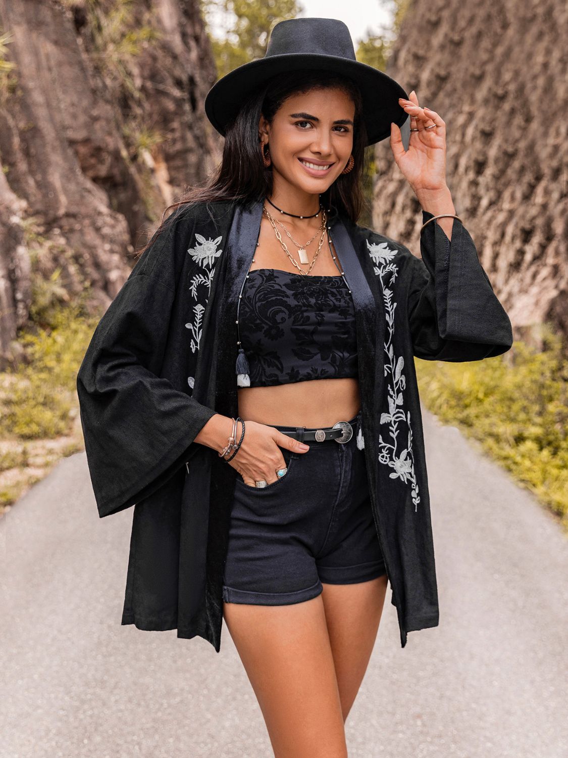 Beach Rose Co. - Black Embroidered Long Sleeve Kimono