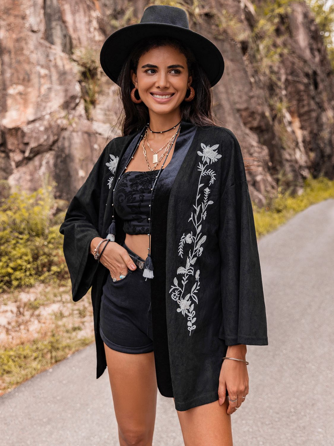 Beach Rose Co. - Black Embroidered Long Sleeve Kimono