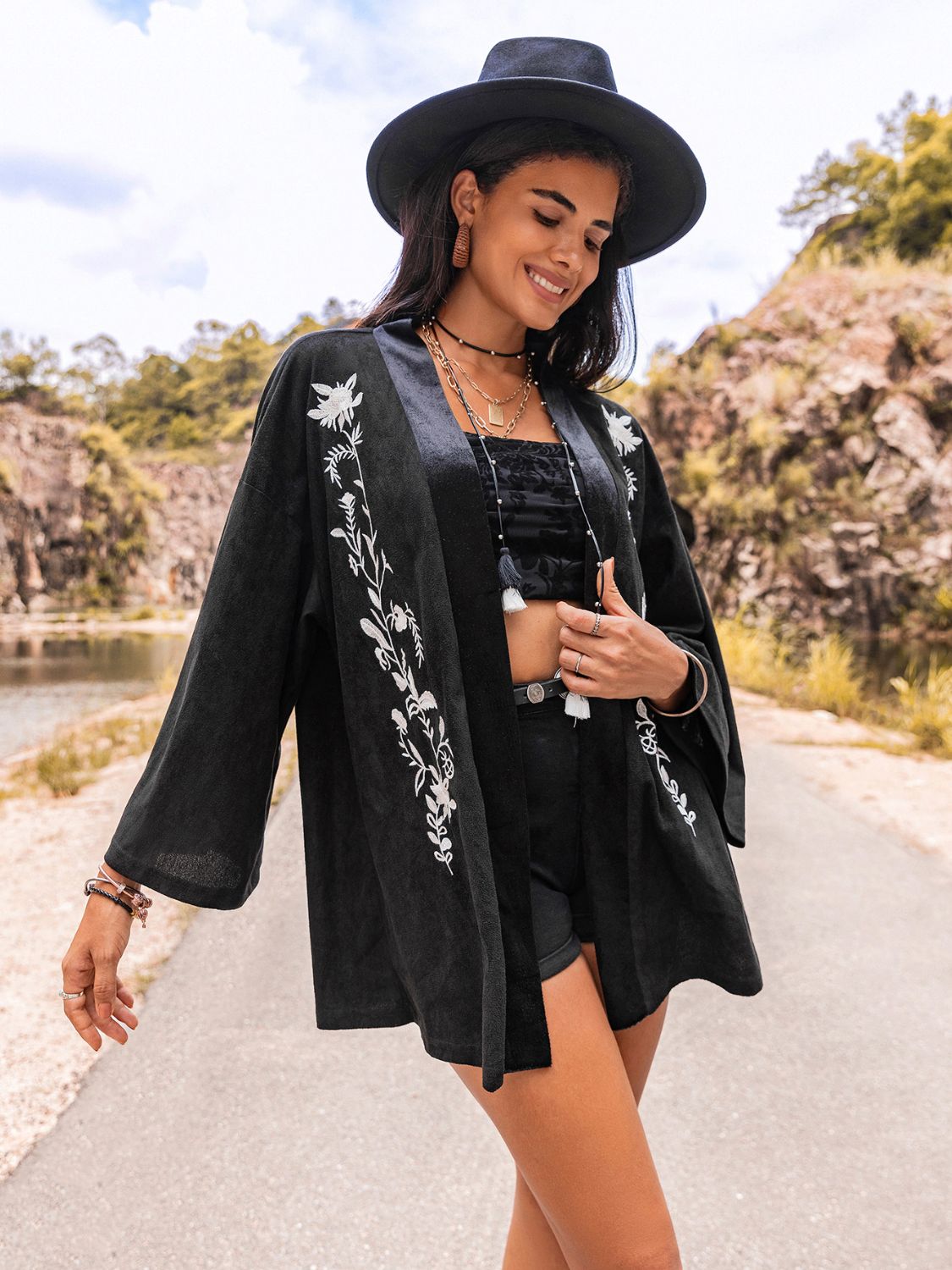 Beach Rose Co. - Black Embroidered Long Sleeve Kimono