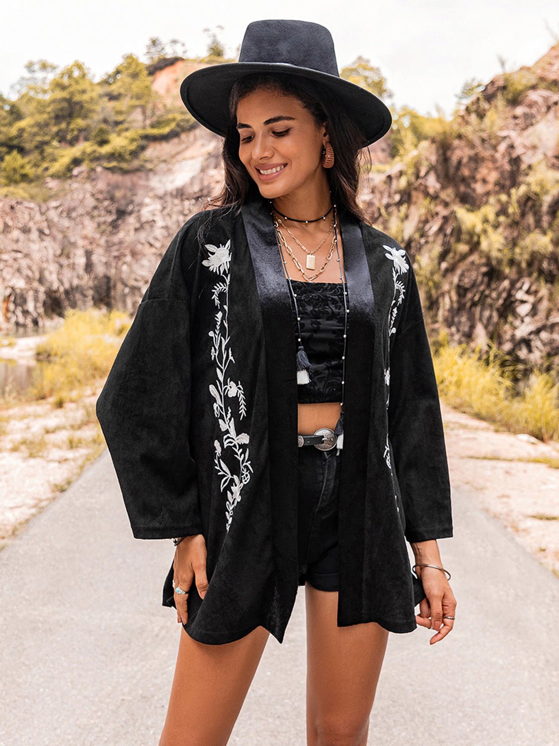 Beach Rose Co. - Black Embroidered Long Sleeve Kimono