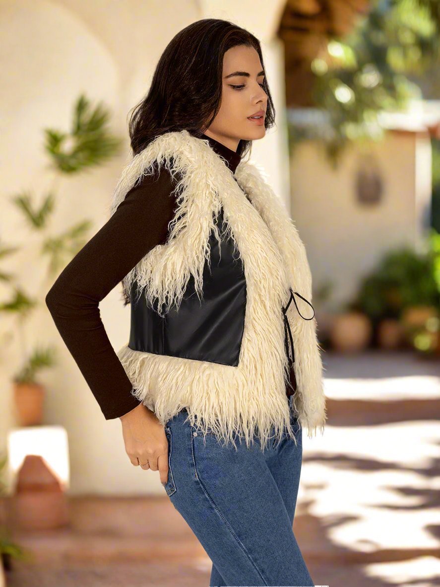 Beach Rose Co. - Black Faux Fur Fringe Vegan Leather Vest