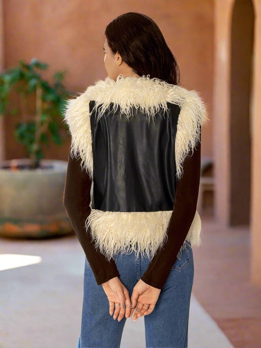 Beach Rose Co. - Black Faux Fur Fringe Vegan Leather Vest