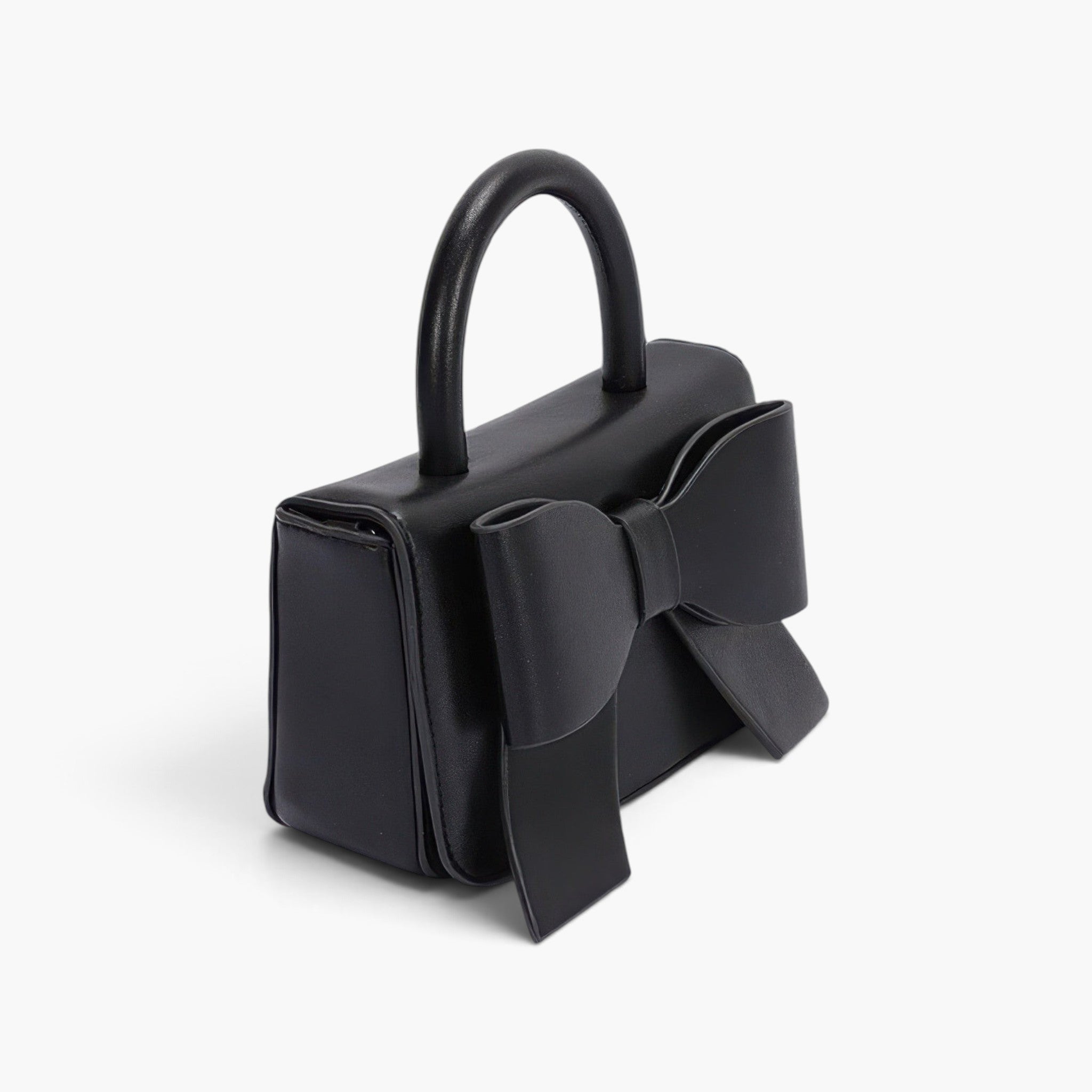 Beach Rose Co. black faux leather handbag featuring a structured silhouette and a decorative ribbon bow top handle.