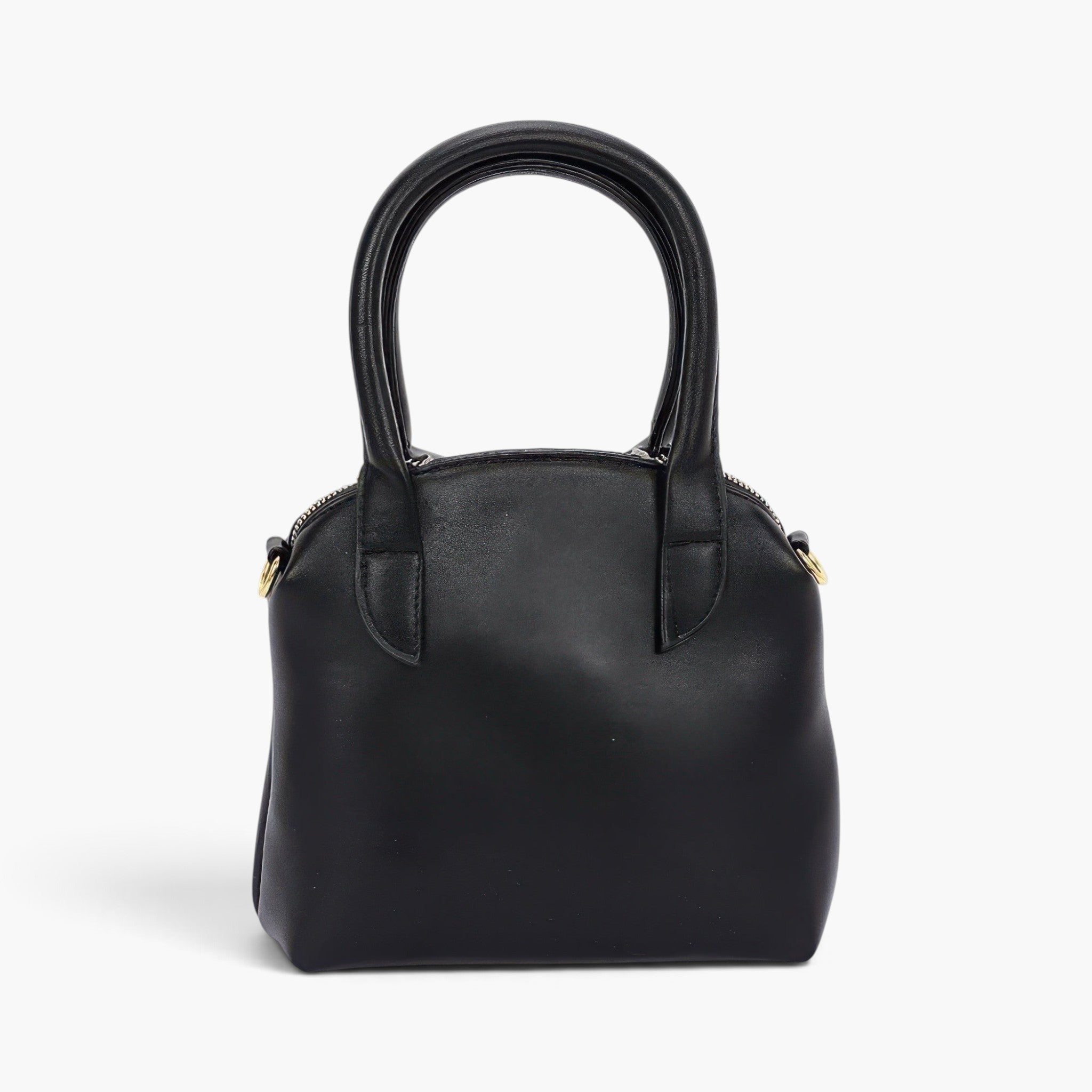 Beach Rose Co. black faux leather handbag with a structured shirt-style top handle and elegant gold hardware.