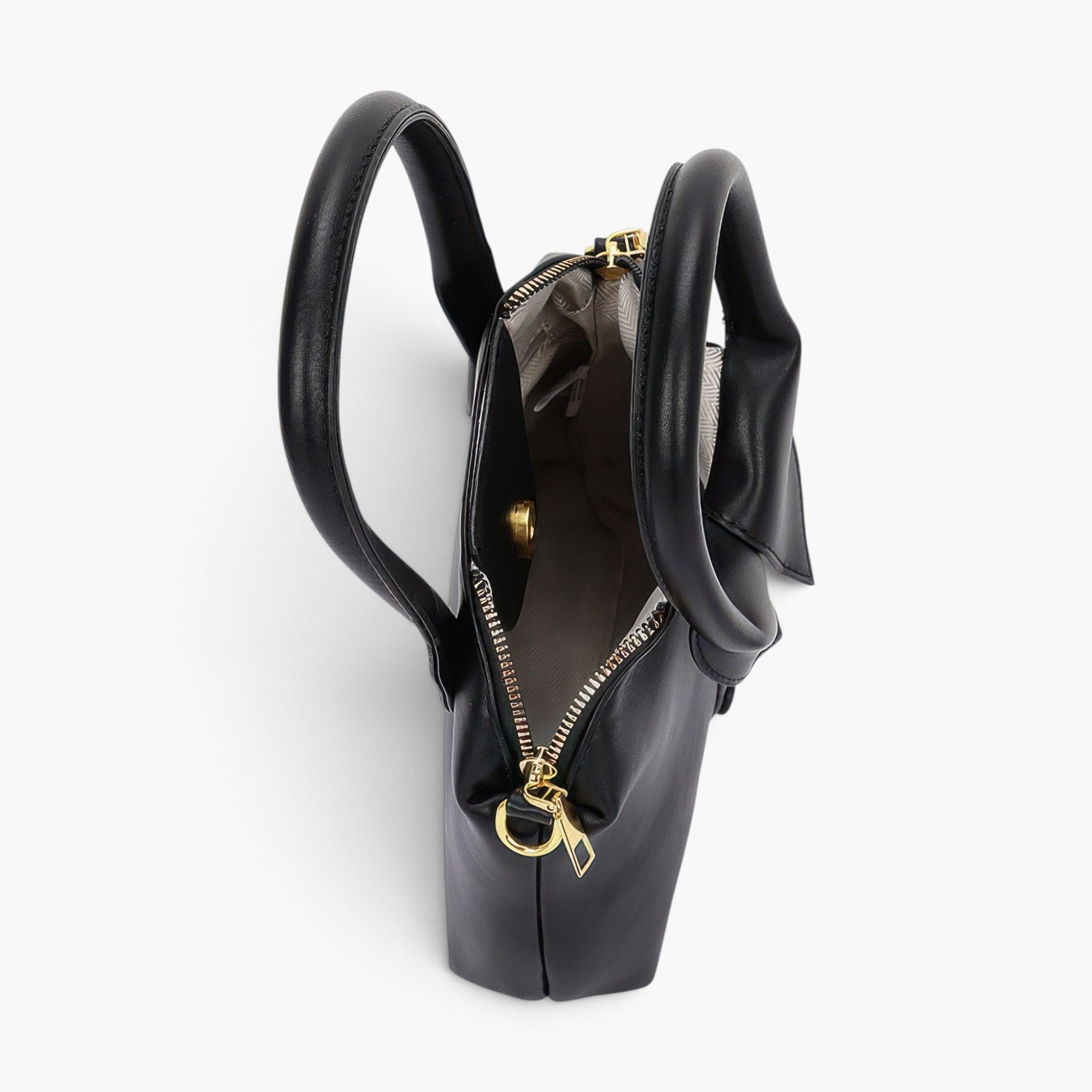 Beach Rose Co. black faux leather shirt-style top handle bag with gold hardware, shown from an open top-down view.