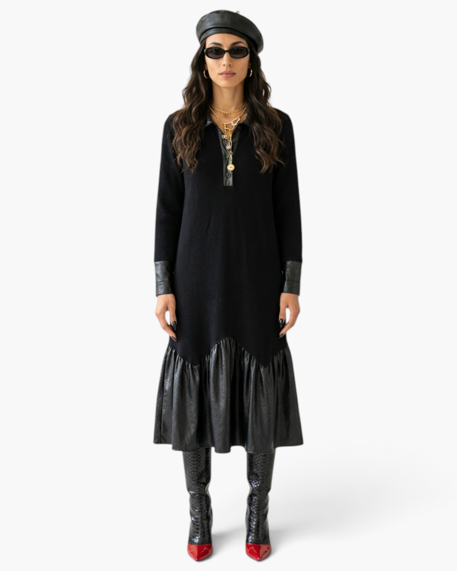 Beach Rose Co. black midi dress featuring a knit body, faux leather collar, cuffs, and a gathered faux leather hem.
