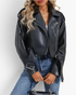 Beach Rose Co. black faux leather cropped moto jacket with asymmetrical zipper, shoulder epaulets, and grommet belt.