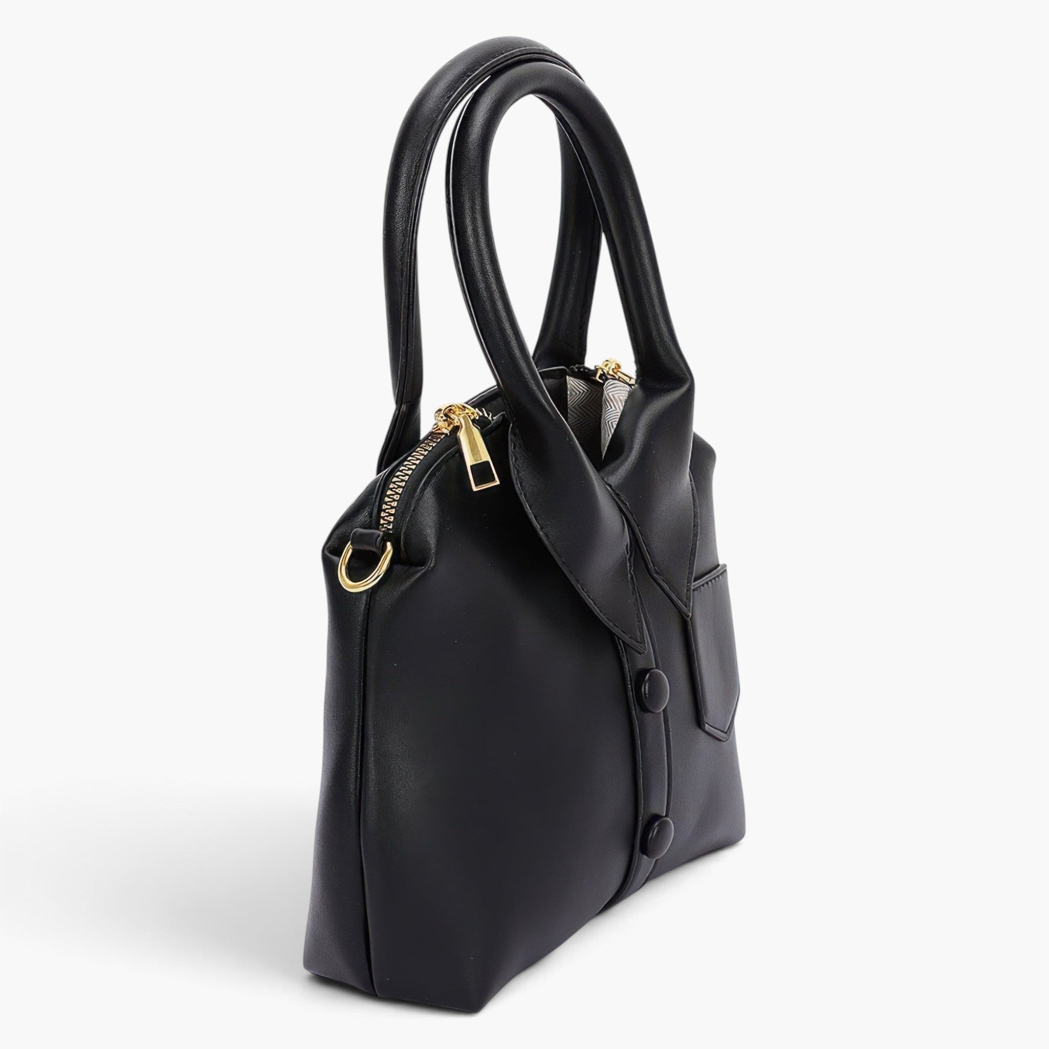 Beach Rose Co. black faux leather handbag with a unique shirt-style design, top handle, and gold zipper hardware.