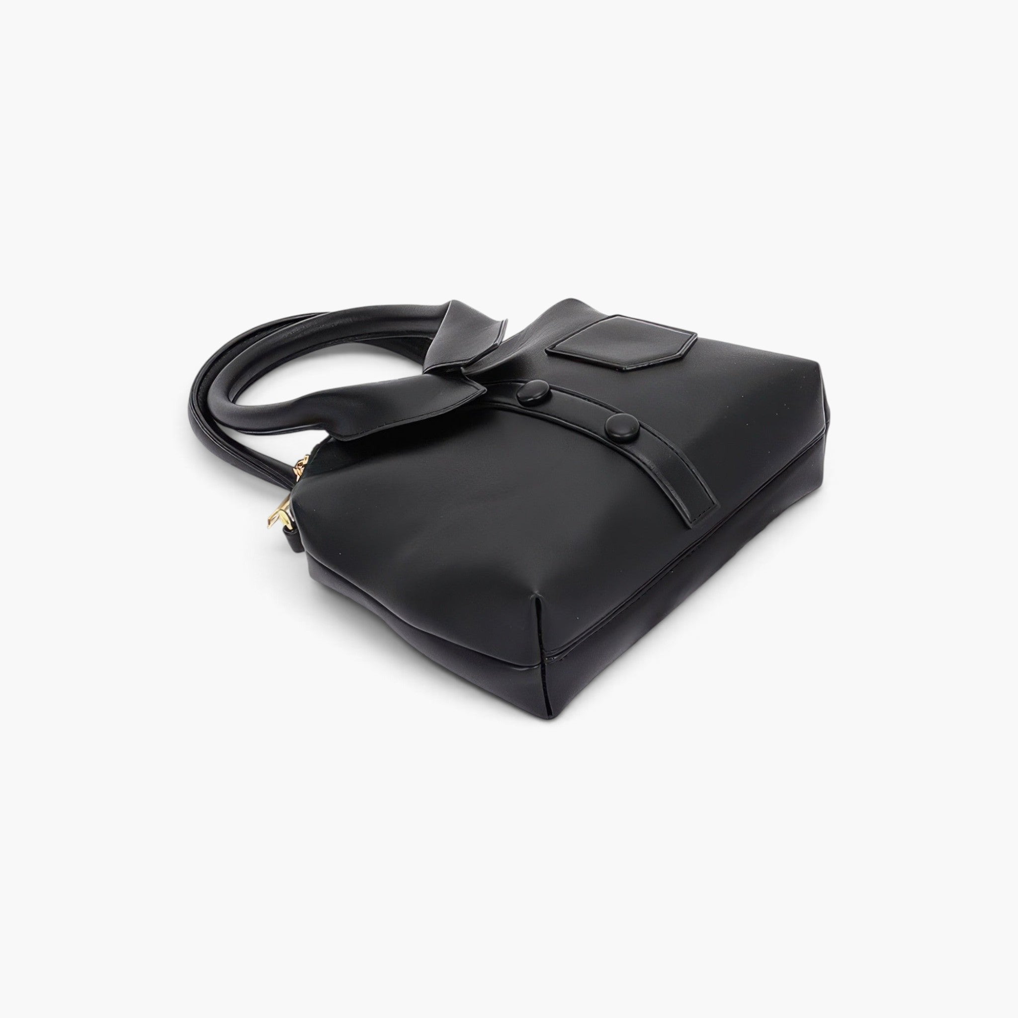Beach Rose Co. black faux leather handbag with a unique shirt-style design, top handle, and button detailing.