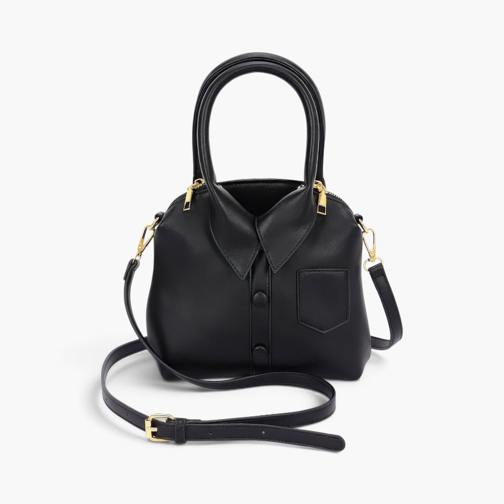 Beach Rose Co. black faux leather shirt-style handbag with a collar detail, top handle, and gold hardware.