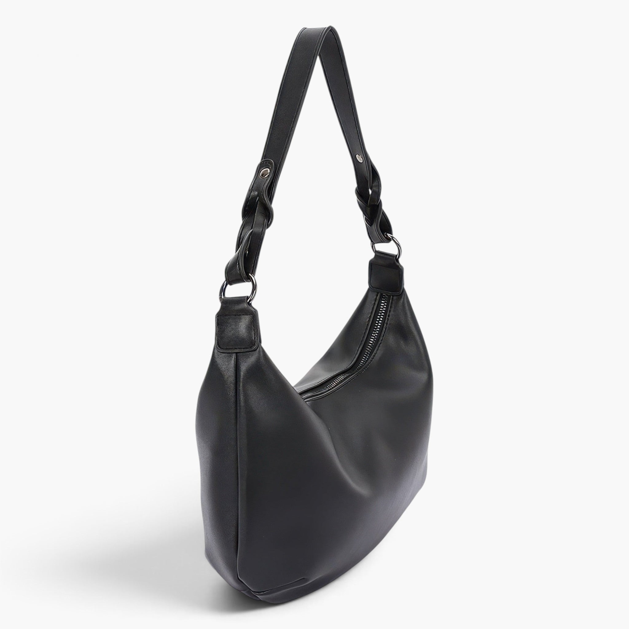Beach Rose Co. black faux leather shoulder bag with a unique braided strap and mixed metal hardware details.