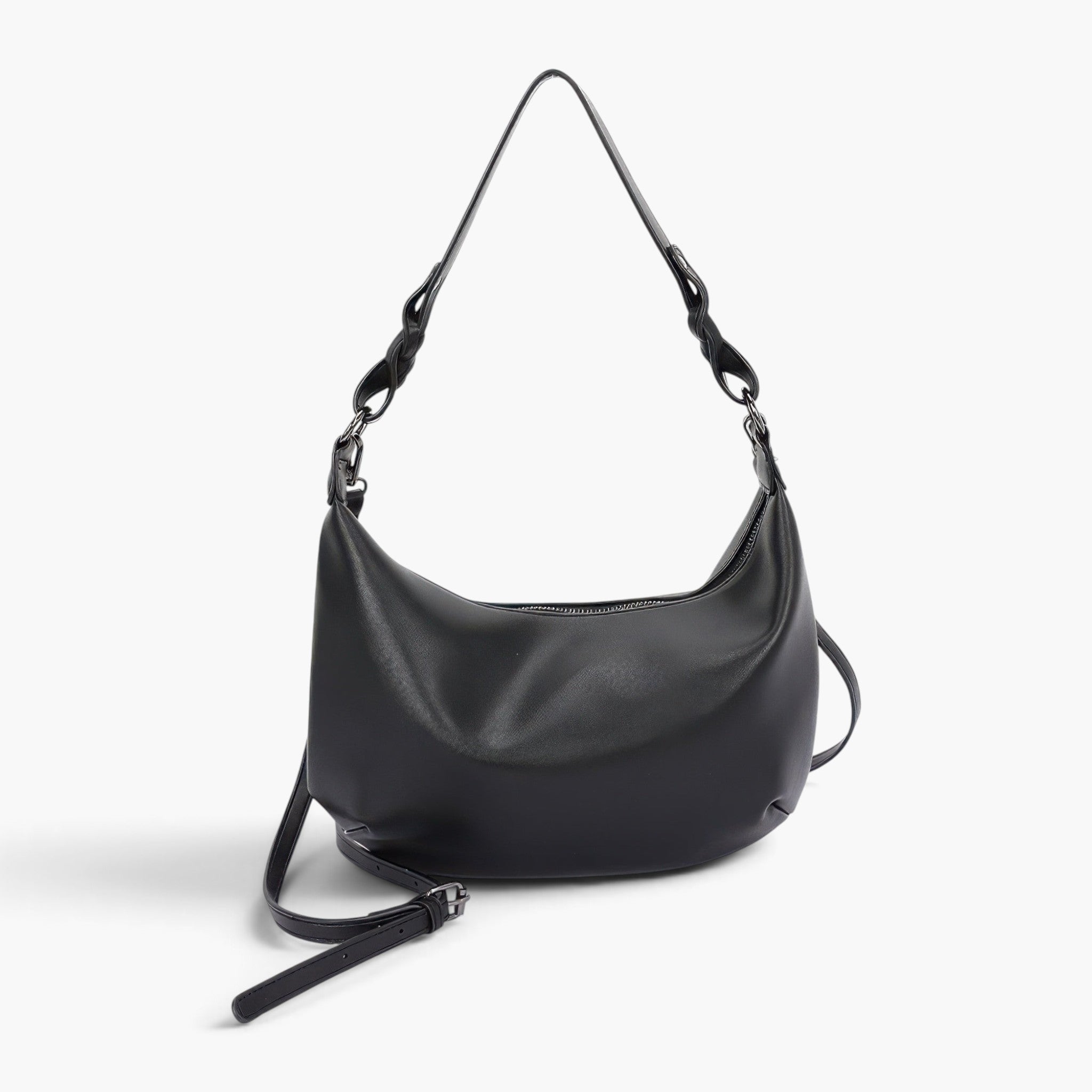 Beach Rose Co. black vegan leather shoulder bag with a unique faux strap design and mixed metal hardware accents.