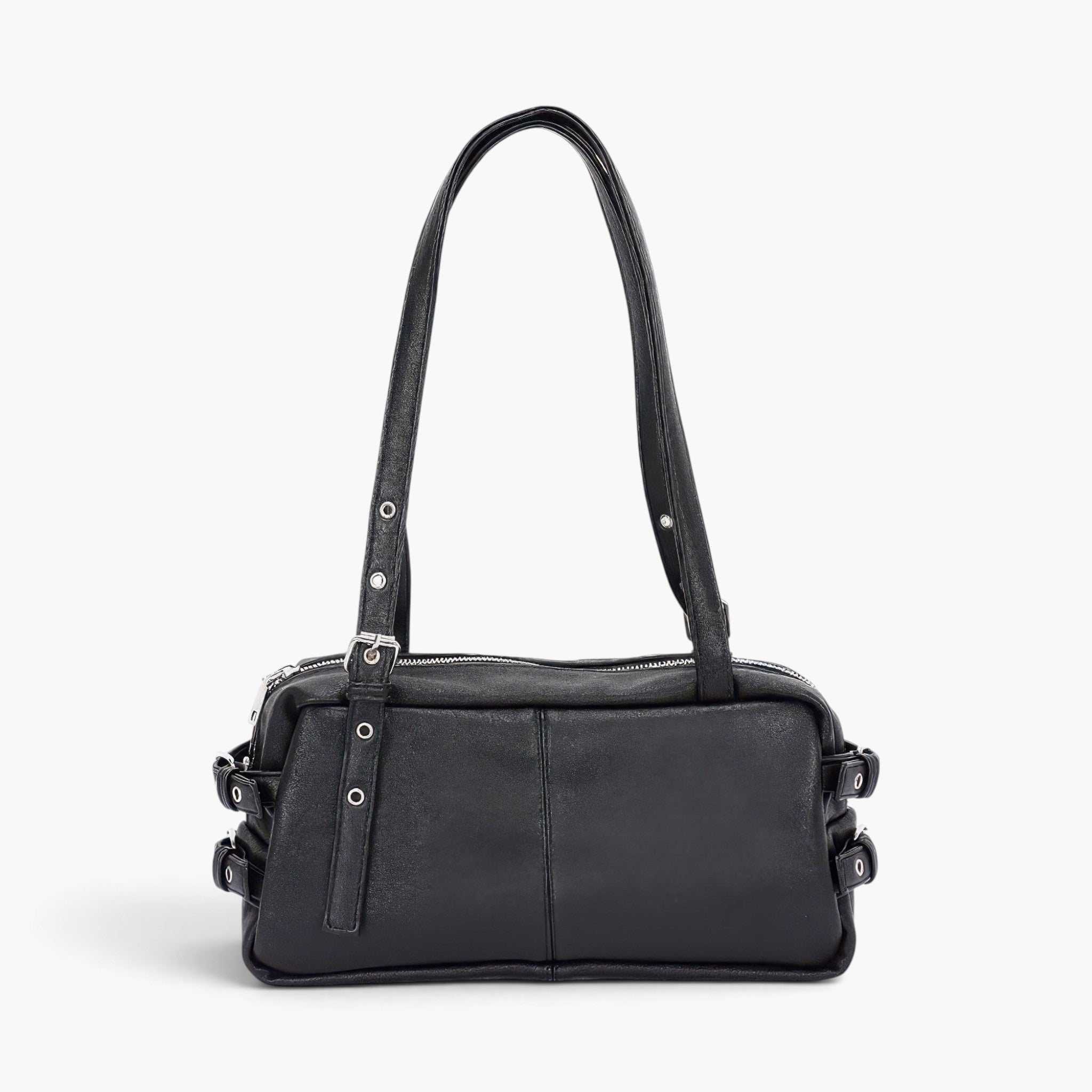 Beach Rose Co. black faux leather sport bag with dual handles, silver metal hardware, and side buckle details.